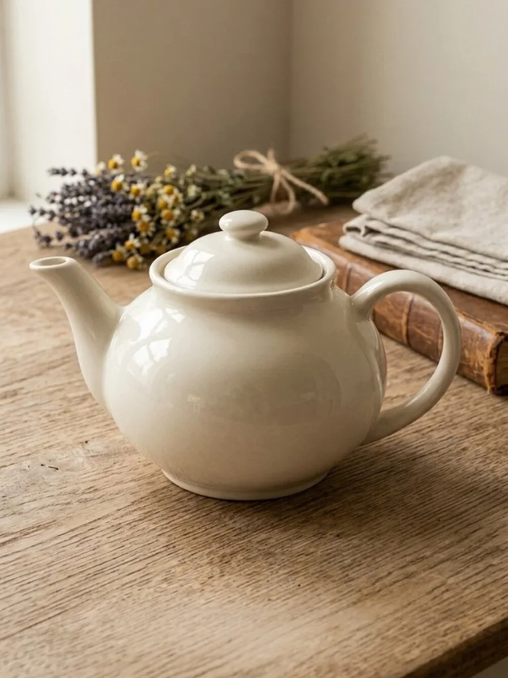 Vintage Off White Glossy Ceramic Teapot 6